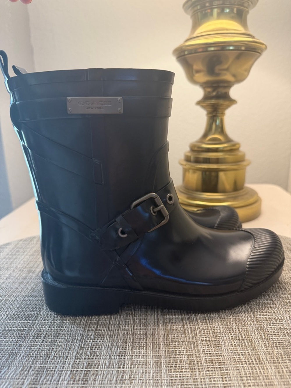 Coach Glossy Navy Short Rain Boots with Buckle - Picture 3 of 6
